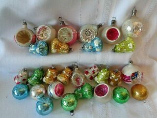 28 Vintage Glass Christmas Feather Tree Ornaments Bells Indents Balls