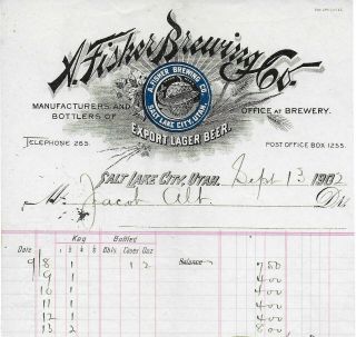 Sept 1902 Billhead From A.  Fisher Brewing Company (beer) – Salt Lake City Utah