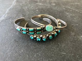 Three Vintage Native American Navajo Or Zuni Silver And Turquoise Bracelets