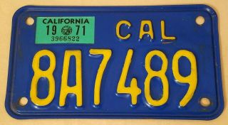Vintage 1971 California Ca Motorcycle License Plate Tag Blue & Gold