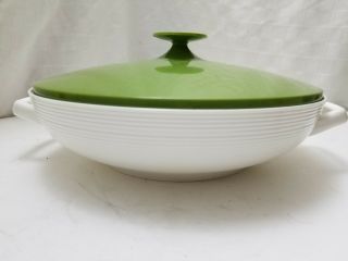 Vintage Thermo Temp Raffiaware 10 " Covered Dish Olive Green