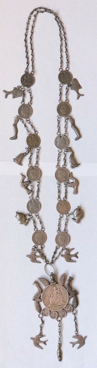 Guatemala Chachal Milagro 1895 Coin Silver Necklace Animal Charms 141grams