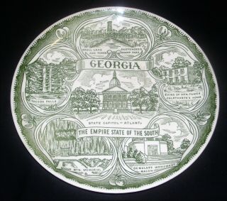 Vintage Georgia Green Transferware Souvenir Plate Empire State Of The South