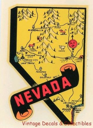 Vintage Nevada State Map Souvenir Travel Water Decal Sticker Lindgren Turner Art