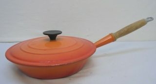 Vintage Le Creuset Cast Iron Wood Handle Flame Orange W/ Lid Fry Pan 24 France