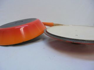 Vintage Le Creuset Cast Iron Wood Handle Flame Orange w/ lid Fry Pan 24 France 6