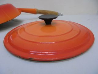 Vintage Le Creuset Cast Iron Wood Handle Flame Orange w/ lid Fry Pan 24 France 7