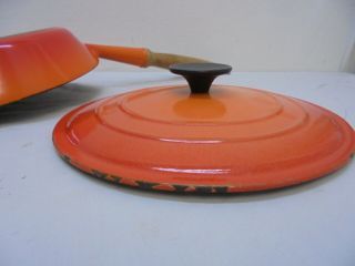 Vintage Le Creuset Cast Iron Wood Handle Flame Orange w/ lid Fry Pan 24 France 8
