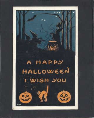 Halloween Postcard By Bergman: 1910: Witches By A Caldron And Fire