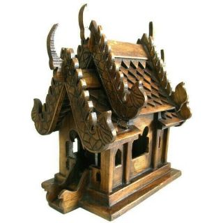 Traditional Thai Spirit House Hand Carved Teak Wood Buddhist Temple Sculpture
