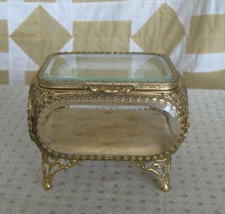 Vintage Gold Gilt Ormolu Filigree & Beveled Glass Jewelry Trinket Box