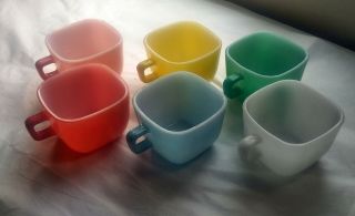 Vintage Set /6 Glasbake Lipton Square Coffee Mugs Pastel Colors In Orig.  Box