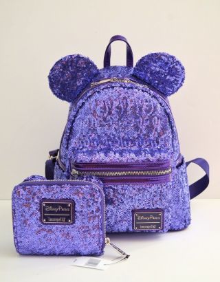 Disney Parks Purple Potion Loungefly Sequined Backpack & Wallet Bag Purse