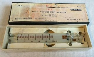 B D Yale 10cc Glass Hypodermic Syringe 1950s Glass Tip 10y Box Vintage