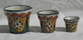 Trio Of Small Talavera Mexican Folk Art Pottery Planters Pots