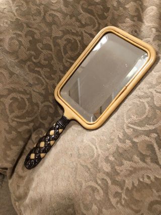 Vintage Vanity Mirror Hand Held Celluloid And Silver Beveled Mirror