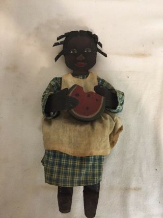 Vintage Black Americana Metal Girl Eating Watermelon Ornament Figurine
