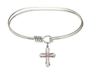 Silver Tone Bangle Bracelet With October Birthstone Flared Cross Charm,  7 Inch