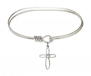 Silver Tone Bangle Bracelet With August Birthstone Loop Cross Charm,  7 Inch
