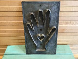 Vintage Antique Primitive Tin Flat Back Heart In Hand Cookie Cutter,  8” X 5”