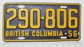 1956 British Columbia Passenger License Plate 290 - 806