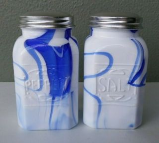 Vintage Cobalt Blue Slag Glass Embossed Salt & Pepper Range Shaker Set