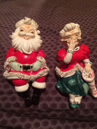 Vtg 40s 50s Lefton Japan Ceramic Santa Claus & Mrs Sitters Signed Christmas