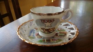 Texas State Mini Souvenir Vintage Tea Cup And Saucer Set Lone Star Cowboy Alamo