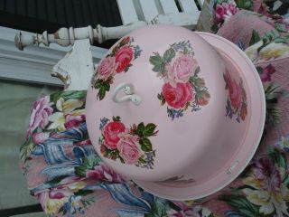 VINTAGE METAL CAKE CARRIER POWDER PUFF PINK COTTAGE BISCUIT DOUBLE PINK ROSES 2