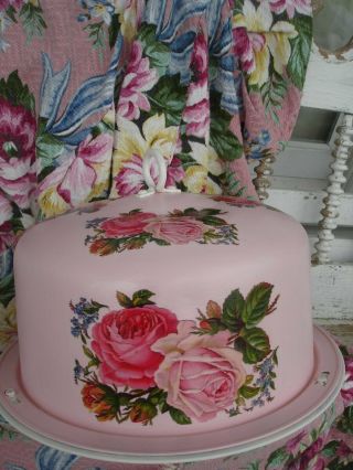 VINTAGE METAL CAKE CARRIER POWDER PUFF PINK COTTAGE BISCUIT DOUBLE PINK ROSES 3