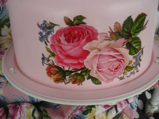 VINTAGE METAL CAKE CARRIER POWDER PUFF PINK COTTAGE BISCUIT DOUBLE PINK ROSES 4