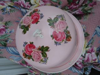 VINTAGE METAL CAKE CARRIER POWDER PUFF PINK COTTAGE BISCUIT DOUBLE PINK ROSES 5