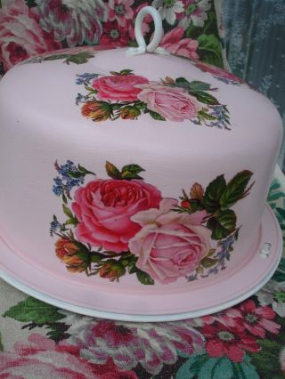 VINTAGE METAL CAKE CARRIER POWDER PUFF PINK COTTAGE BISCUIT DOUBLE PINK ROSES 6