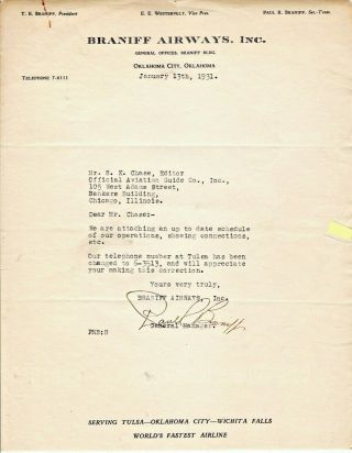 Braniff Airways Letter Signed By Paul Braniff 1931