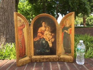 Large Antique/vintage Italian Gilt Carved Wood Religious Icon Triptych Church