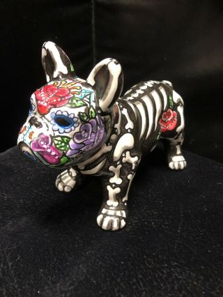 Colorful Sugar Skull French Bull Dog Frenchie Hand Painted Statue Ooak