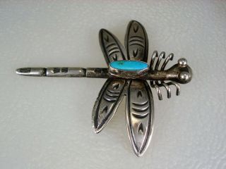 Wonderful Old Navajo Stamped Sterling Silver & Turquoise Dragonfly Pin " Rex "