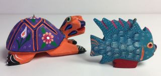 Oaxaca Wood Carvings Fish & Turtle By Roberta Angeles Painted Ornament Set