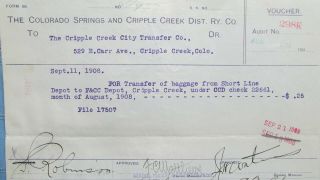 1908 Colorado Springs & Cripple Creek District Ry.  Voucher - Florence & Cc Depot