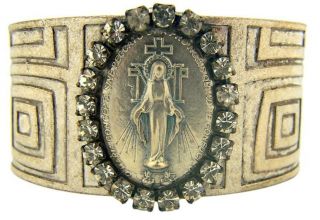 Our Lady Of Grace Miraculous Medal Southwest Style Silver Tone Cuff Bracelet