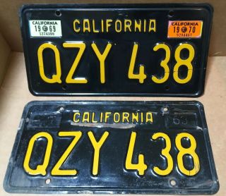Rare Pair 1963 Dmv Clear - (california) - Qzy 438 License Plate - 1969 & 1970 Tag