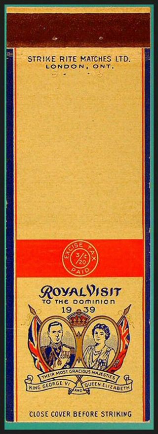Nm Dated 1939 Royal Visit To Canada Matchbook Cover Matchcover