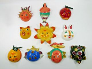 Set Of 10 Masks Coconut Shell Mexican Handmade Colorful Folk Art