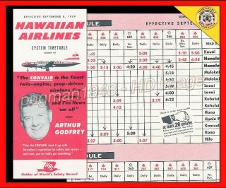 Hawaiian Airlines 1959 Airline Timetable Schedule.  Convair 340