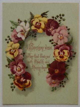 Antique Victorian Birthday Greeting Card Pansies Flowers Prang & Co Boston