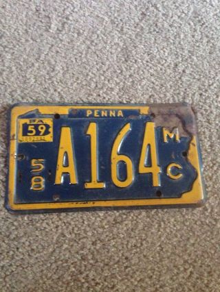 1958 1959 Pennsylvania Motorcycle License Plate See Photo Some Rust