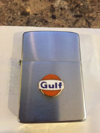 Vintage 1965 Zippo Lighter With Gulf Gas & Oil Emblem Badge Throughout