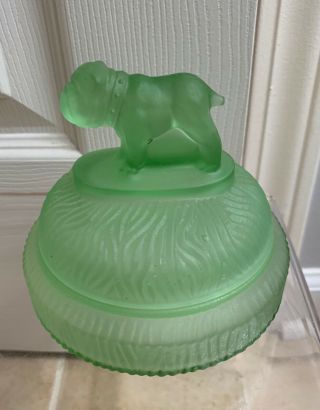 Vintage Frosted Green Depression Glass Powder Jar " Spike " Bulldog