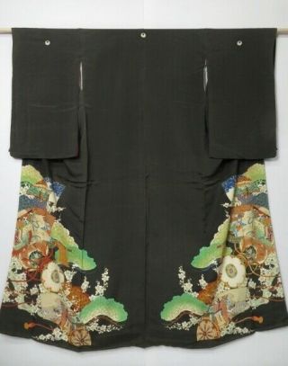 0523n06z570 Antique Japanese Kimono Silk Tomesode Black Folding Fan
