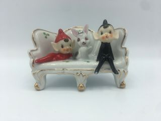 Two Sweet Little Pixie Elves Sitting On A Couch With A Rabbit Porcelain Vintage 2